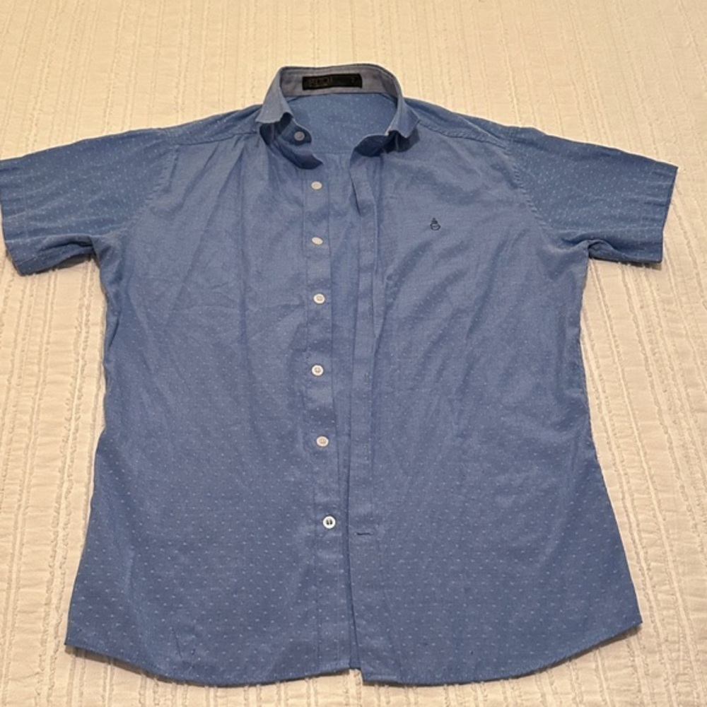 Sketch size 2 small Men's Blue Short Sleeve Swiss Dot Silk  Shirt $175 retail